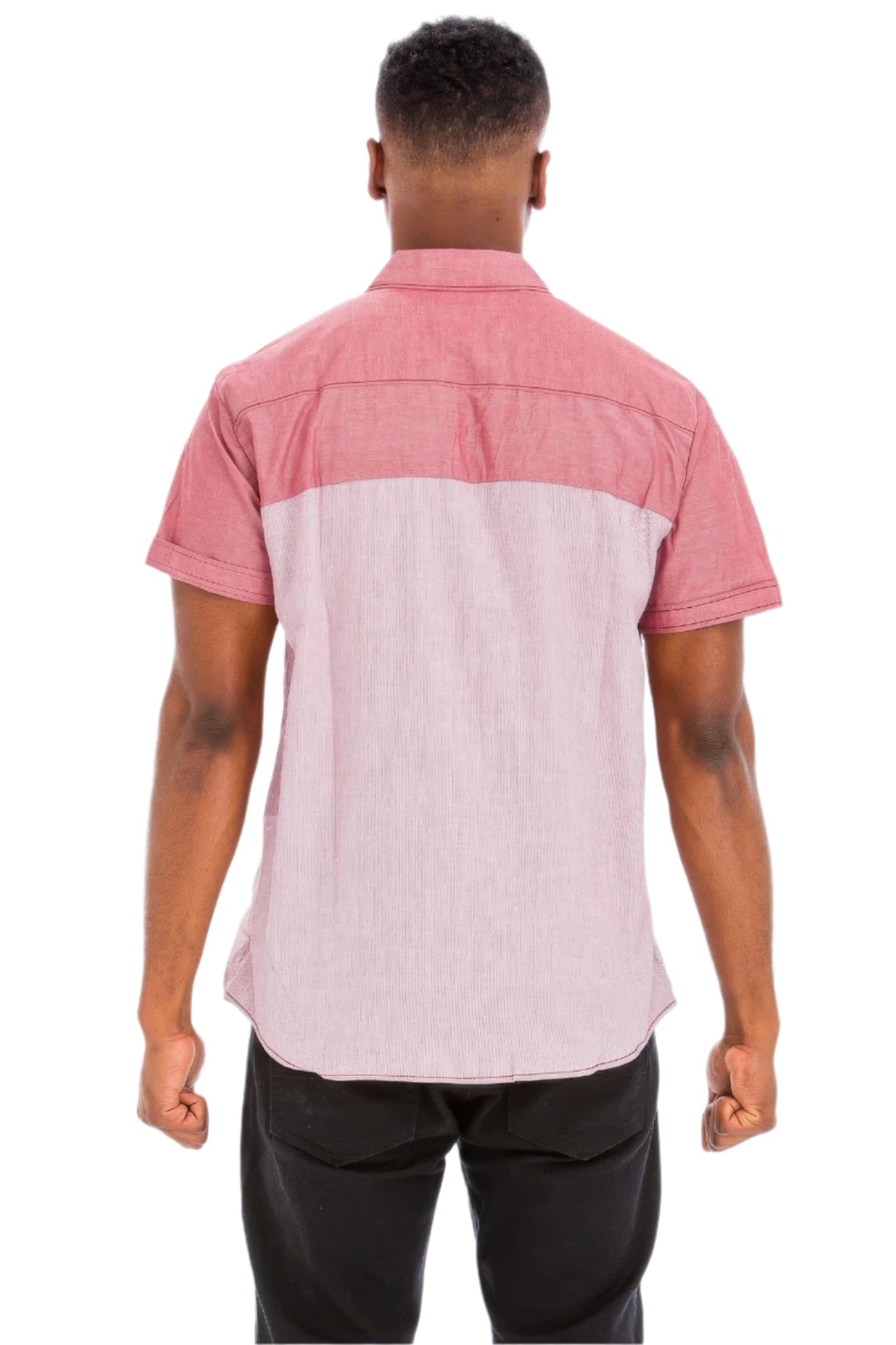 Back view of a two tone casual shirt for men by VacationGrabs in red and white colors