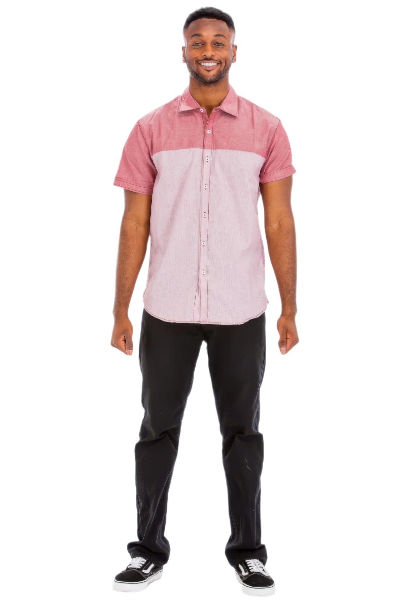 Two tone casual shirt for men in red and white with short sleeves, paired with black pants