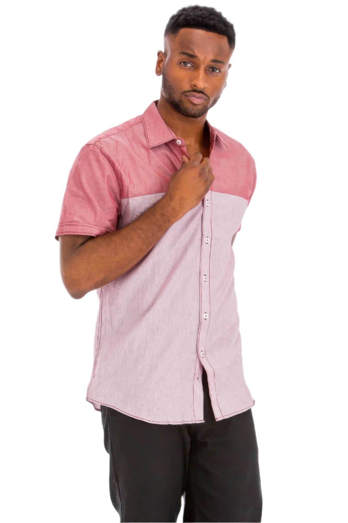 Two tone casual shirt for men in red and gray with short sleeves and button-down front