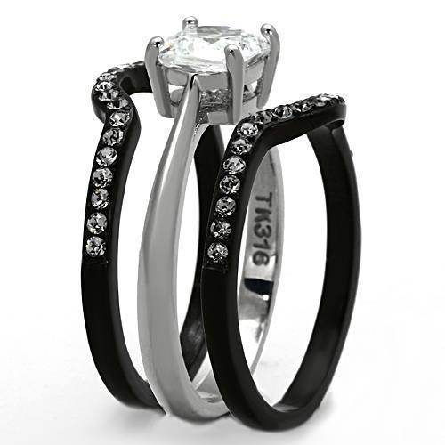 Stunning two tone engagement rings for women featuring a central diamond and sleek black and silver bands