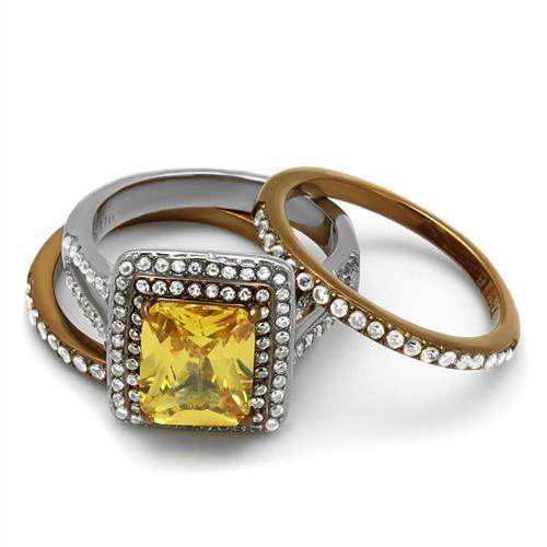 Stunning two tone womens ring set with a large yellow gemstone and sparkling rhinestones