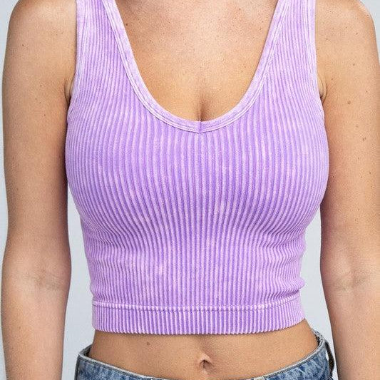 Women's Shirts - Cropped Tops Two-Way Neckline Washed Ribbed Cropped Tank Top