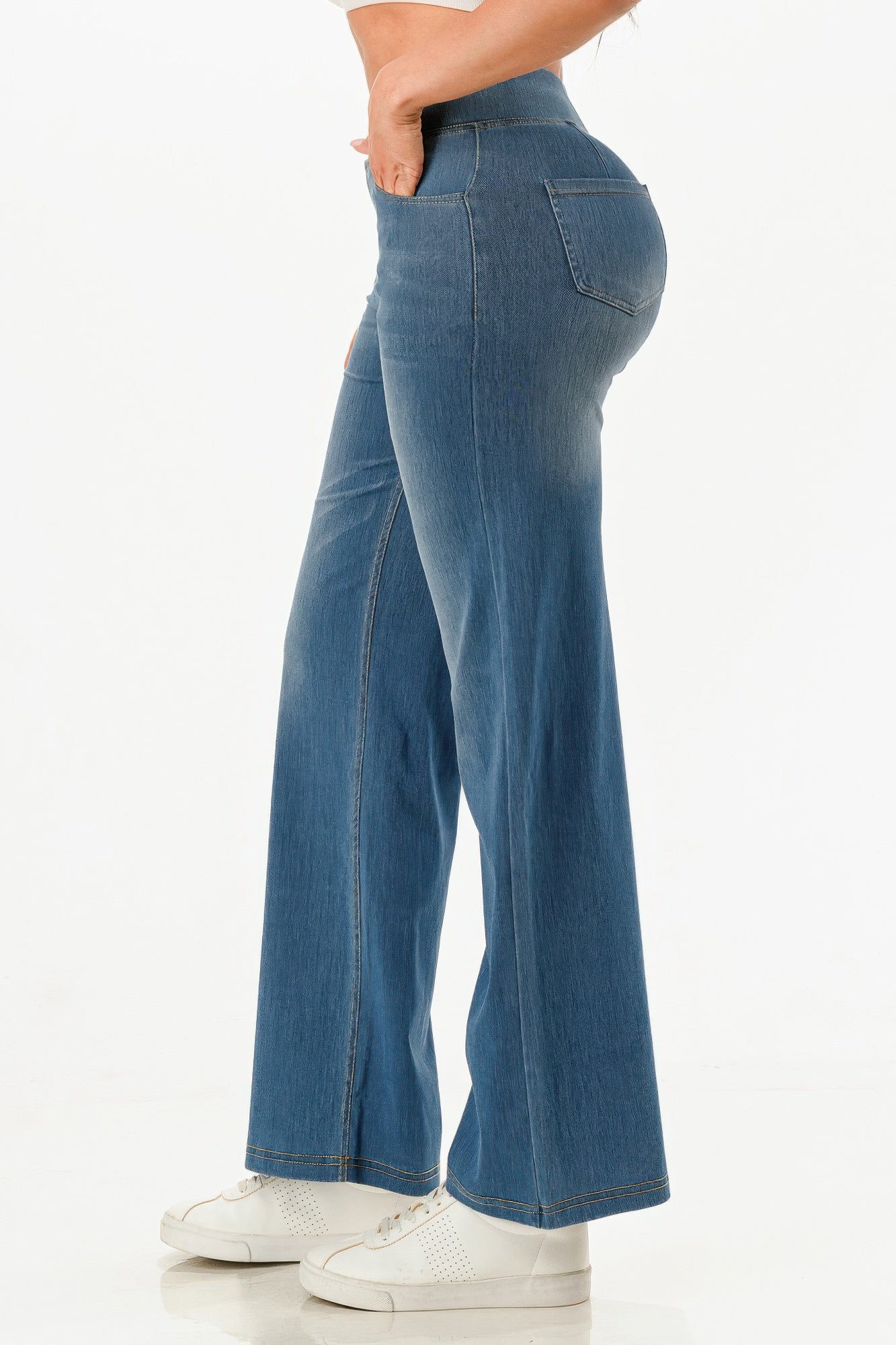 Stylish women's ultra soft flare baggy jeans in light blue with a relaxed fit and high waist design