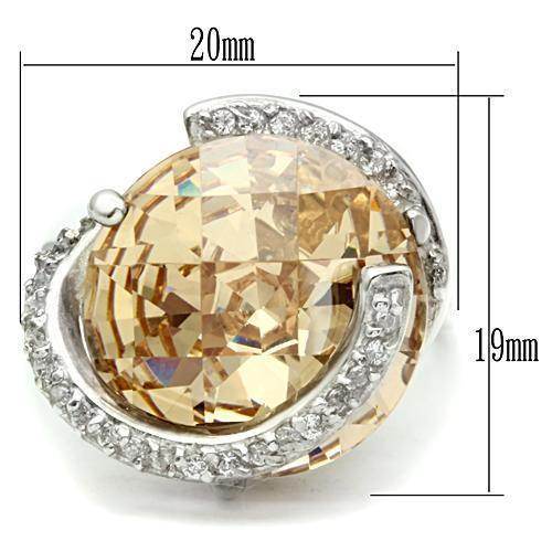 Unique designer silver ring with large champagne-colored gemstone and elegant crystal accents