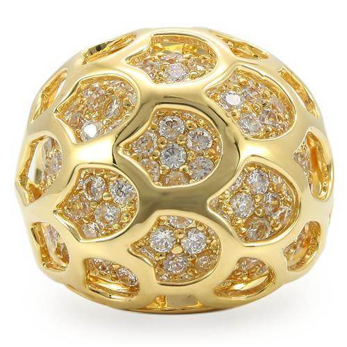 Unique gold statement ring featuring a bold design with sparkling crystals and intricate detailing