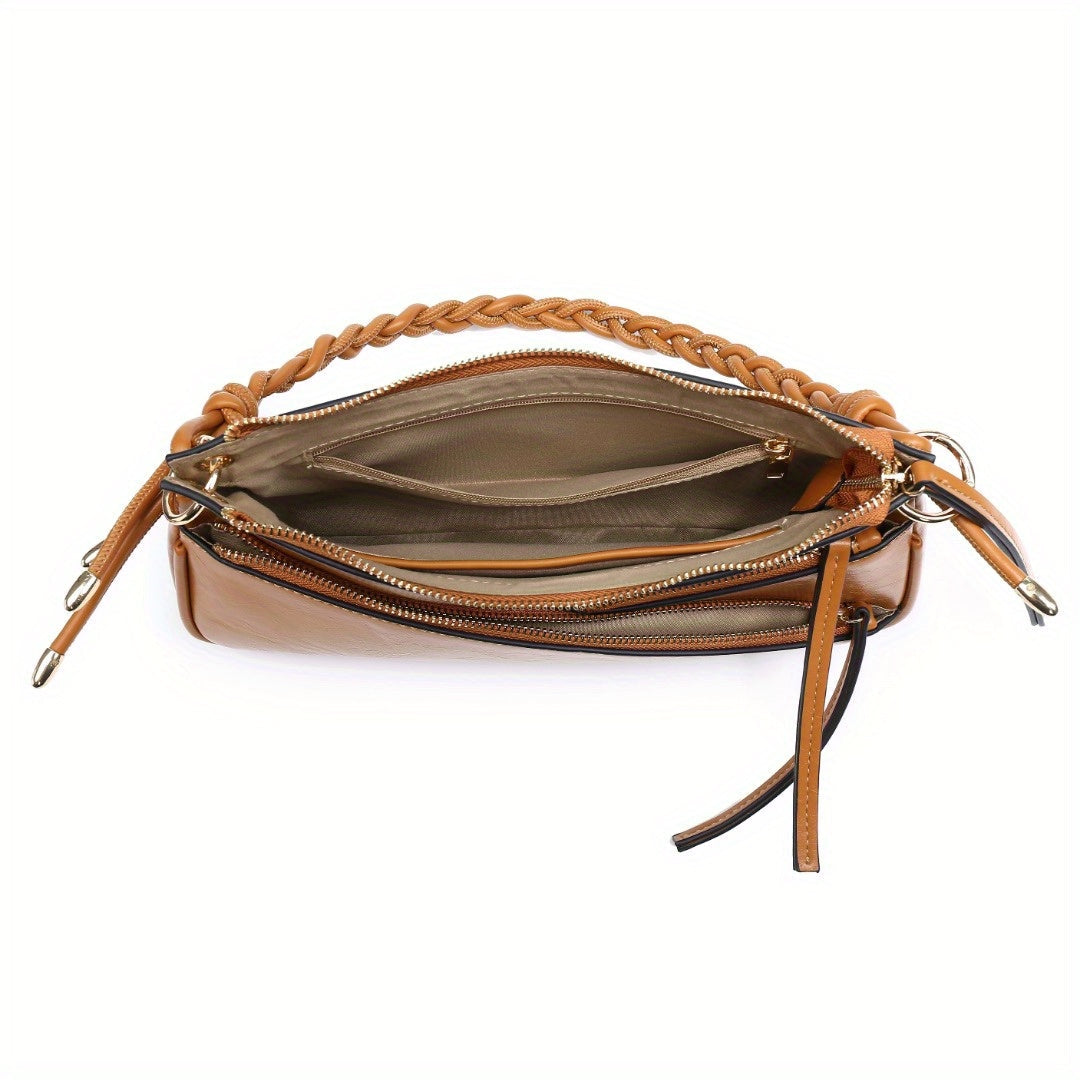 Unique handmade small shoulder bag with braided strap and multiple interior pockets for organization