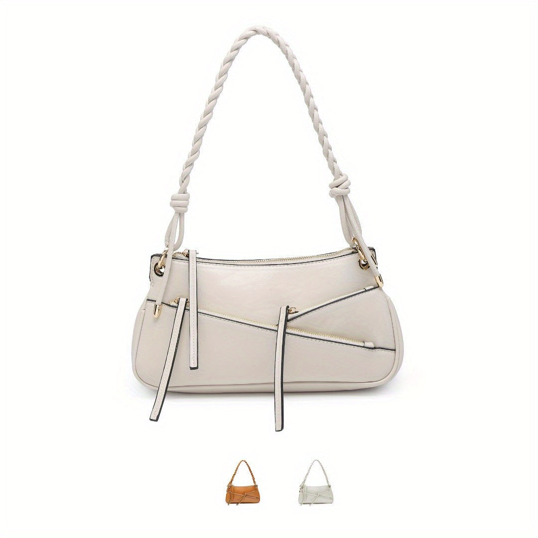 Unique handmade small shoulder bag in cream color with braided strap and elegant design