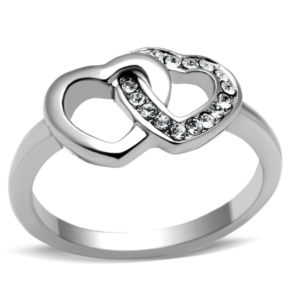 unique intertwined heart ring in silver, adorned with sparkling crystals