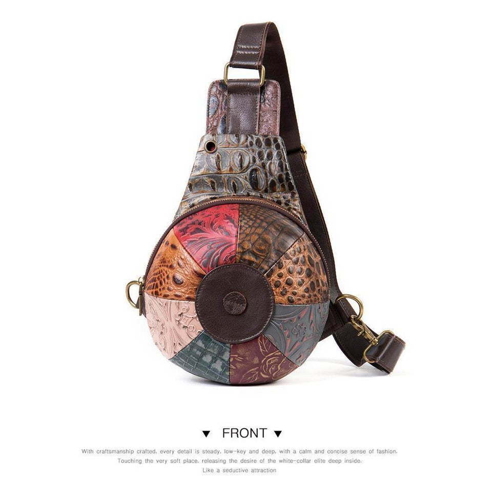 Unique leather handbag women with vibrant patchwork design and adjustable strap for stylish outings