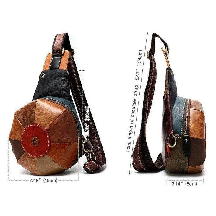 Unique leather handbag women in colorful patchwork design with adjustable shoulder strap and compact size