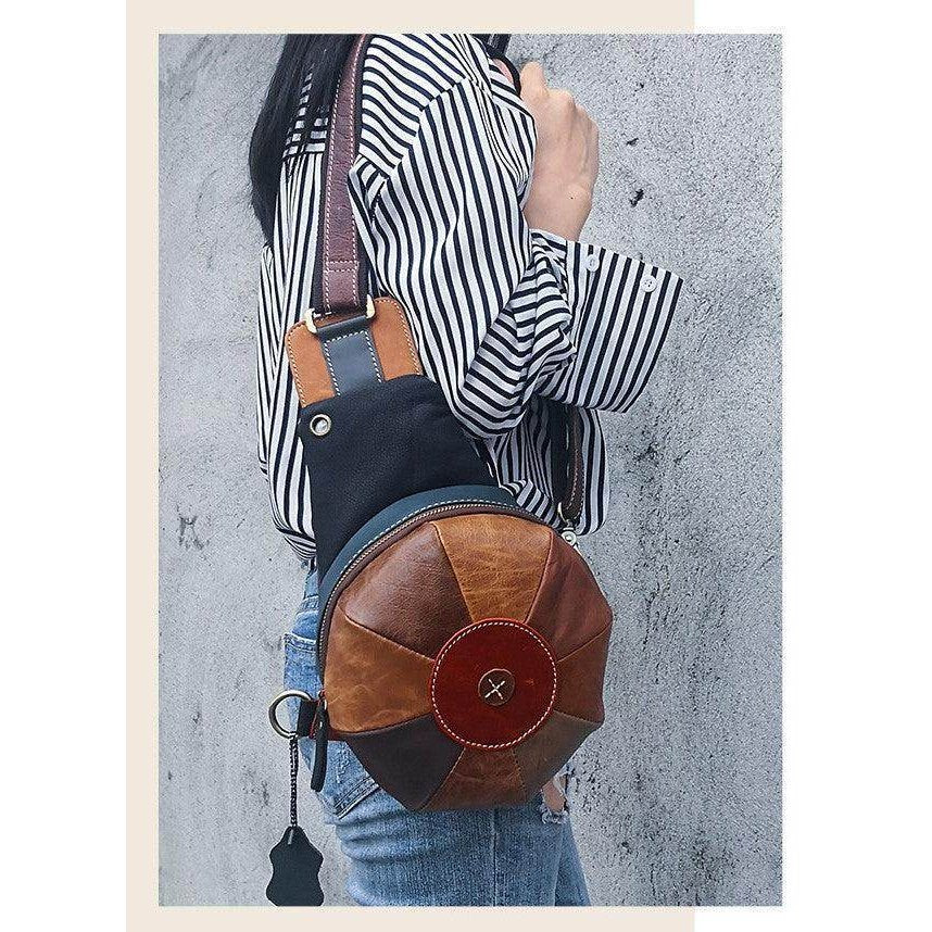 Unique leather handbag women with a stylish round design and multicolored accents for trendy looks