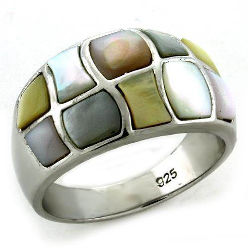 Unique mosaic silver band ring featuring colorful inlaid designs and a polished finish