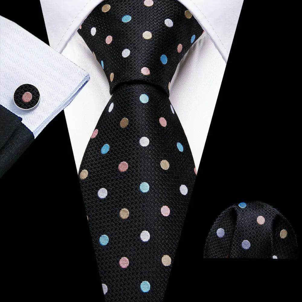 VacationGrabs unique necktie designs featuring colorful polka dots on a black background