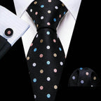 VacationGrabs unique necktie designs featuring colorful polka dots on a black background