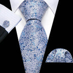 VacationGrabs unique necktie designs featuring a floral pattern in blue with matching pocket square
