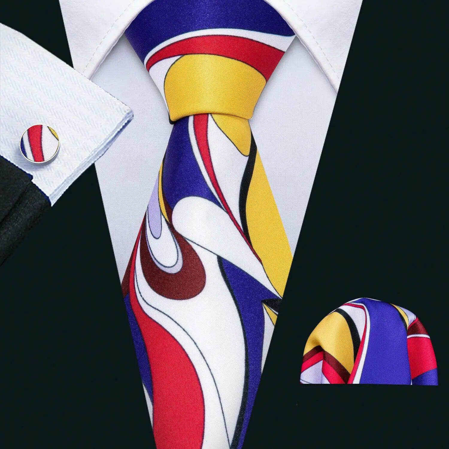 Unique necktie designs in vibrant colors with matching cufflinks for stylish men's accessories