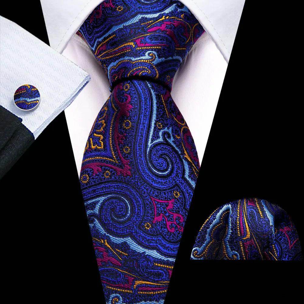 VacationGrabs unique necktie designs featuring vibrant paisley patterns with matching pocket square