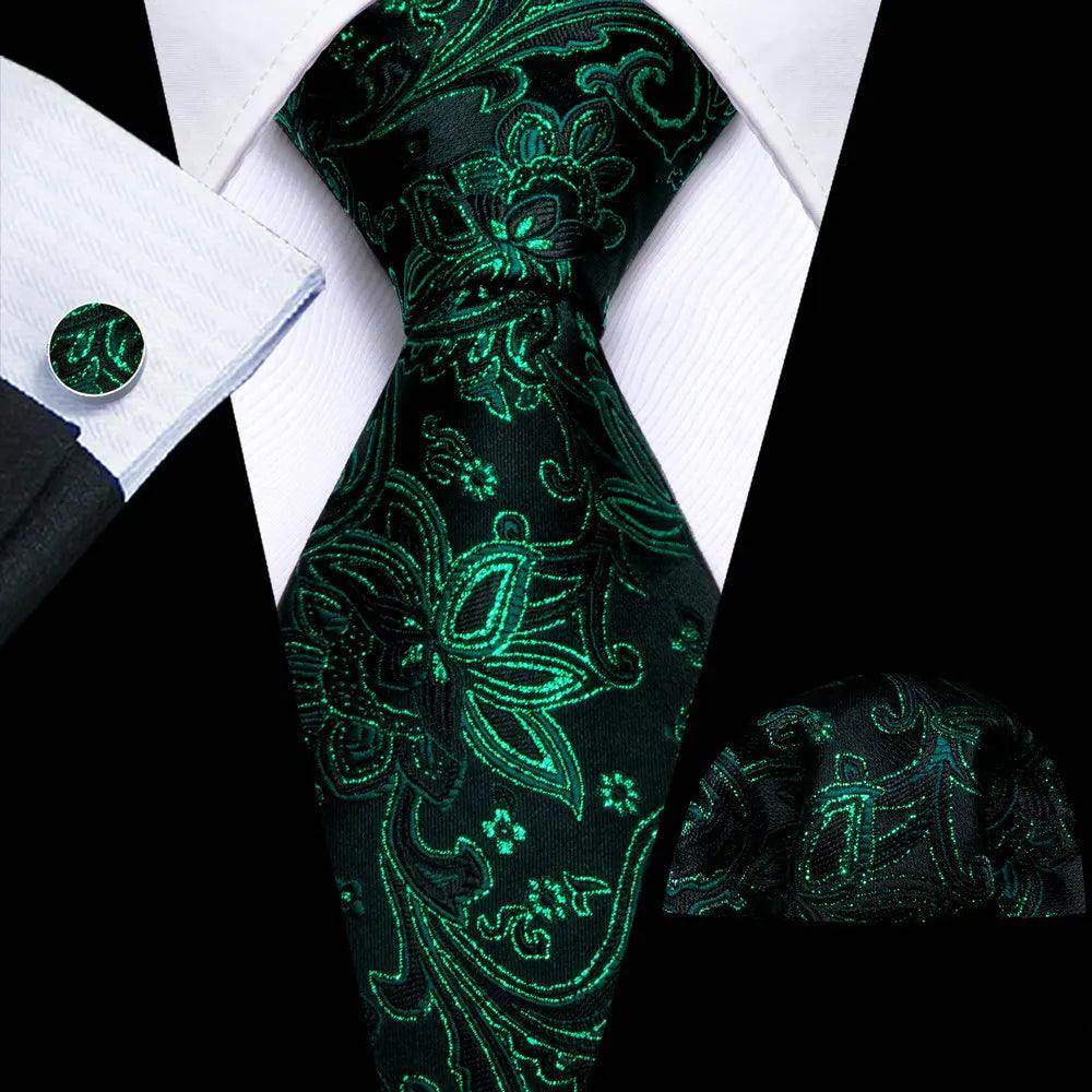 VacationGrabs unique necktie designs in green floral pattern with matching pocket square and cufflinks