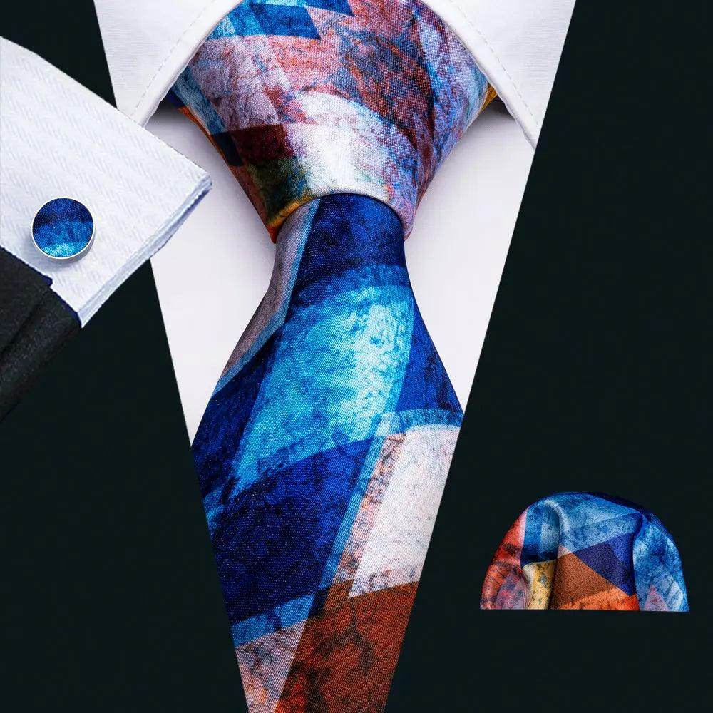 Unique necktie designs featuring vibrant geometric patterns in blue and red shades for fashionable men's accessories