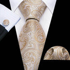 Elegant men's tie and pocket square set with unique necktie designs in gold paisley pattern