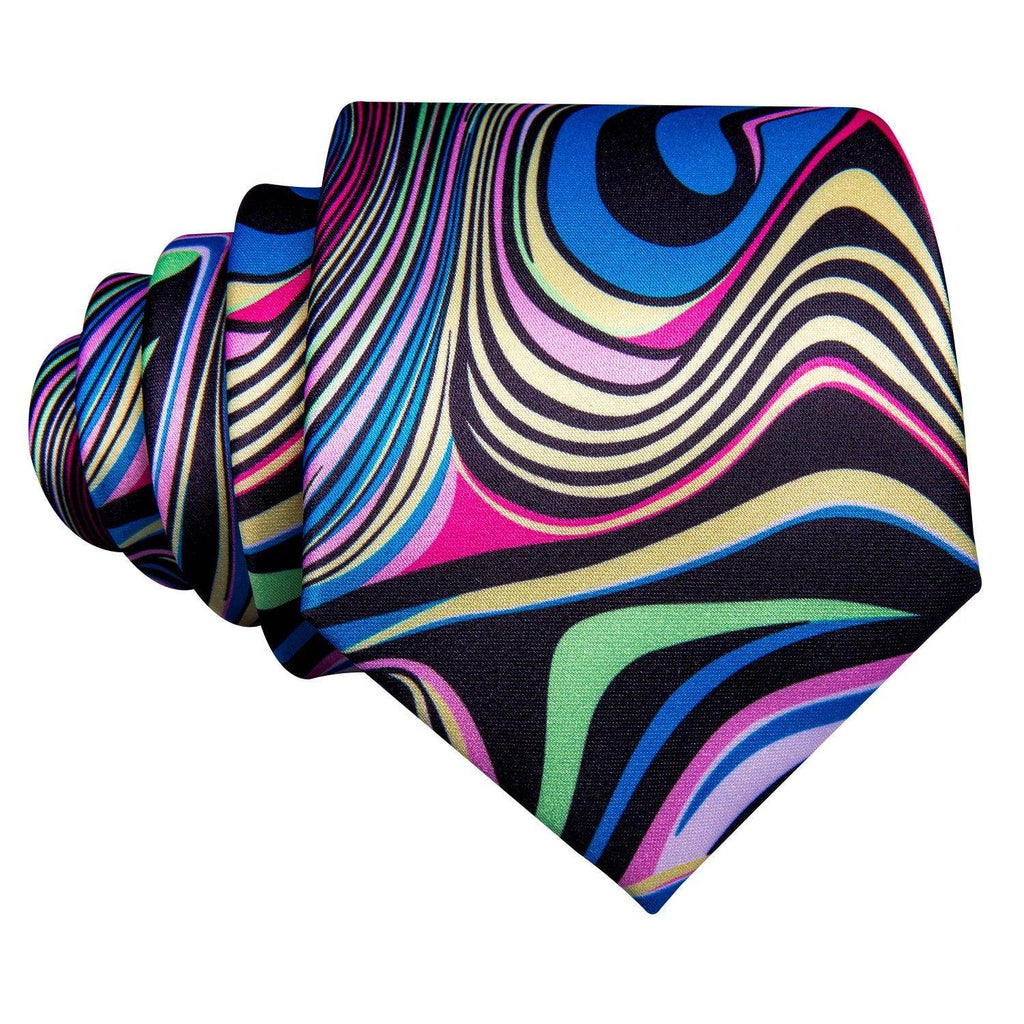 Colorful tie with unique necktie designs featuring swirling patterns and vibrant colors