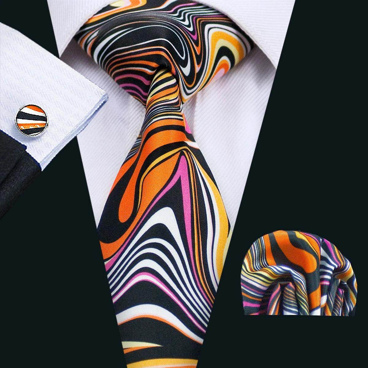 Colorful men's tie with unique necktie designs featuring vibrant swirls and patterns