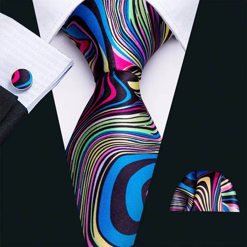Colorful Men's Necktie featuring unique necktie designs with vibrant swirls and complementary pocket square