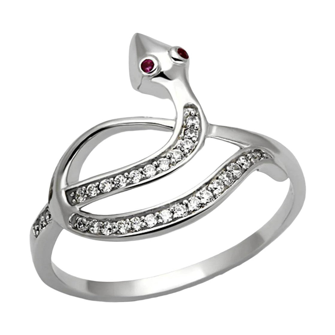 Unique snake design engagement ring featuring sparkling stones and ruby eyes for a stunning look