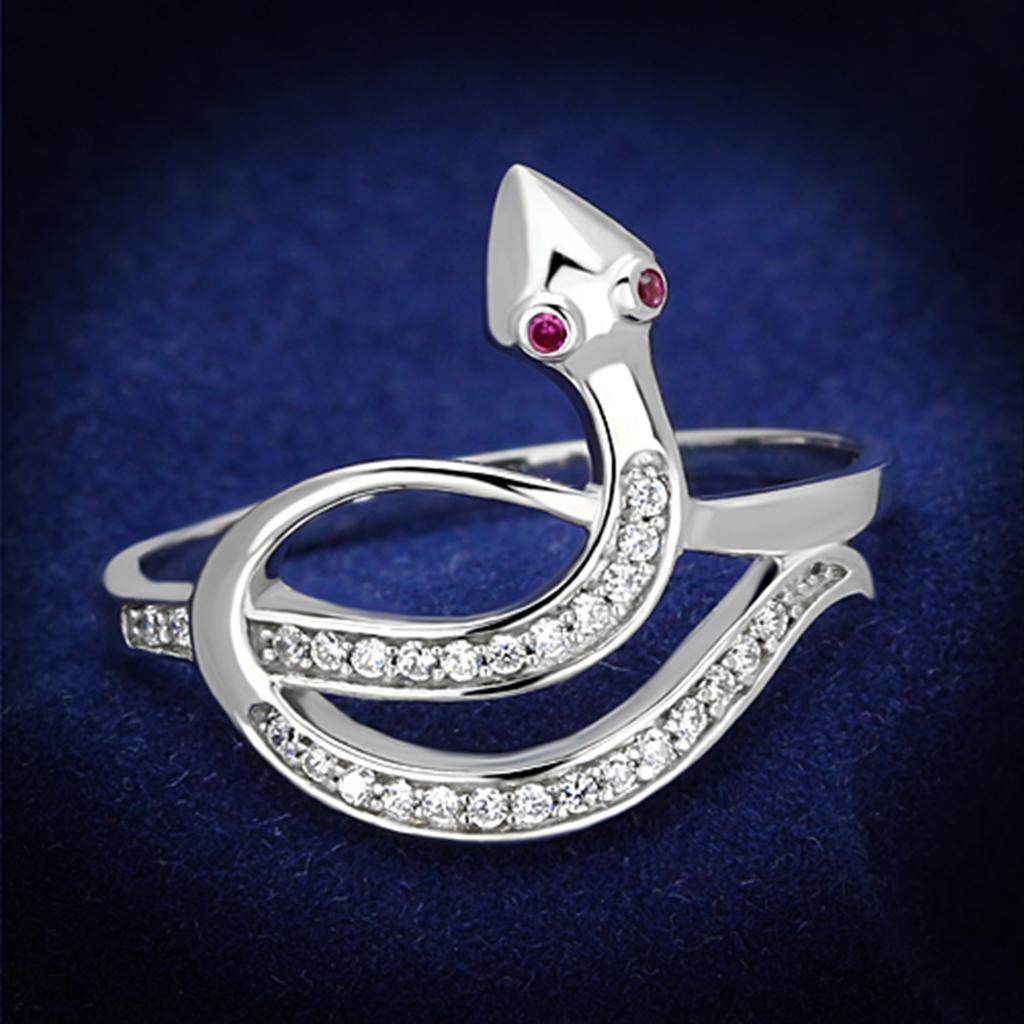 Unique snake design engagement ring in silver with sparkling stones and ruby eyes for a striking look