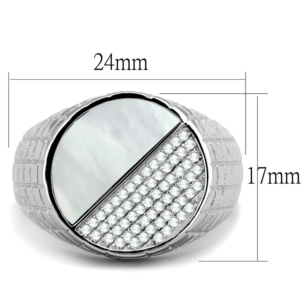 Unique sterling silver mens ring featuring a half-moon design with mother of pearl and detailed embellishments