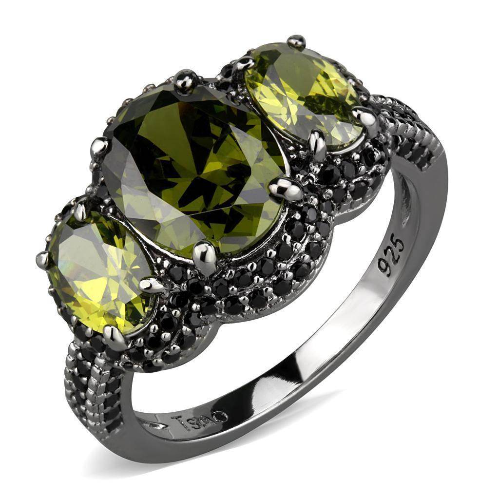 Stunning black silver ring with three olive green gemstones, unique vacation jewelry for women