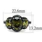 Unique vacation jewelry for women featuring a three-stone ring with oval green gemstones set in black metal