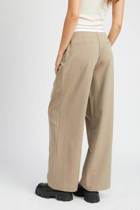 Emory Park unique waistband pants in light beige with wide leg design and comfortable fit