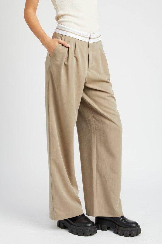 Emory Park unique waistband pants in beige with wide legs and side pockets for a stylish look