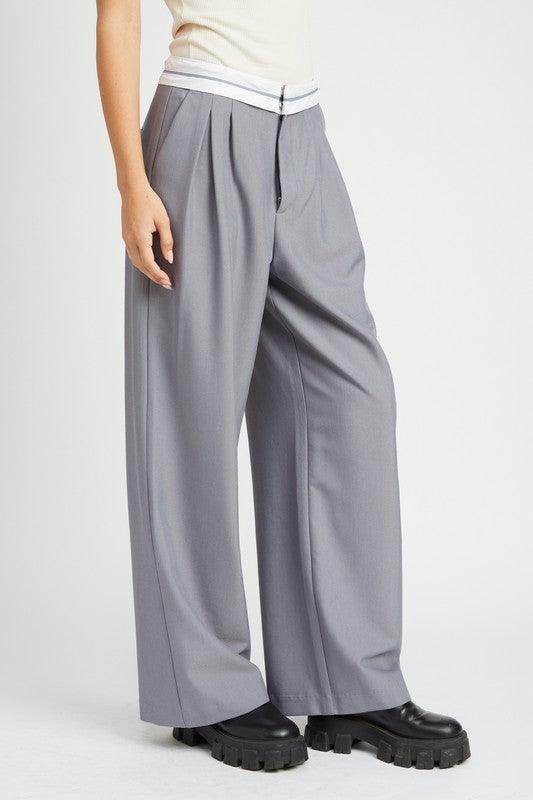 Emory Park unique waistband pants in gray featuring a wide-leg design for a stylish look