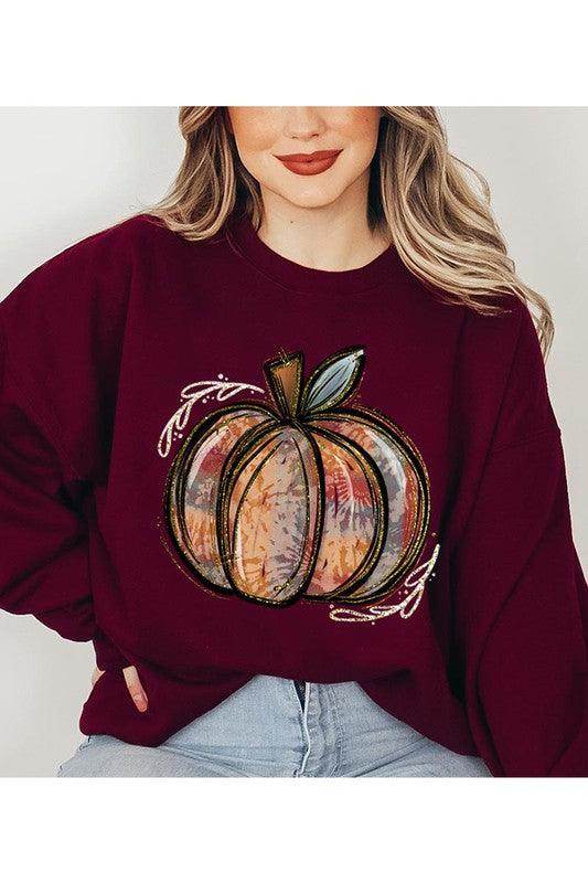 Color Bear unisex fall sweatshirt featuring a colorful pumpkin graphic on a burgundy background
