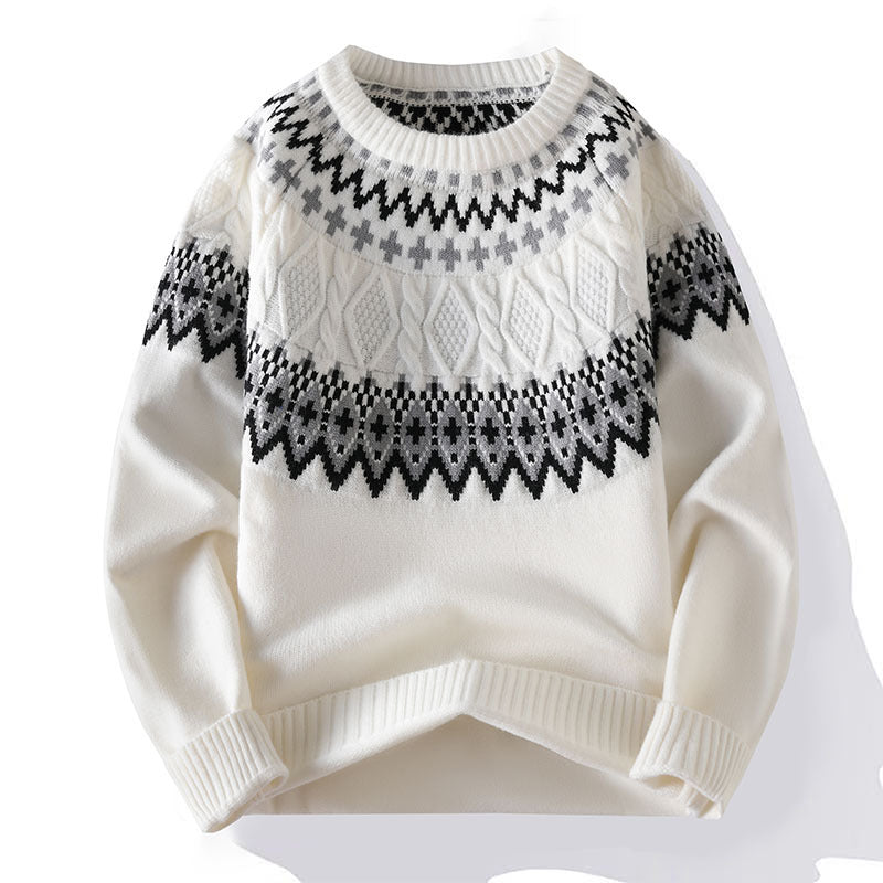 SHOMICOBOUTIQUE unisex knit crewneck sweater in white with stylish patterned trim for casual wear