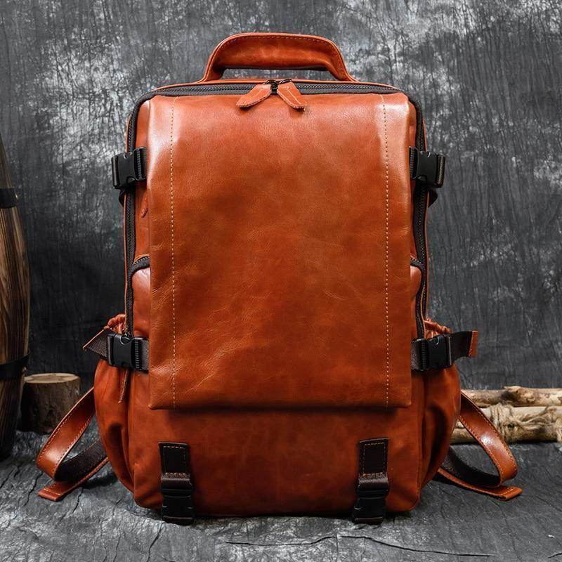 VacationGrabs unisex leather backpacks in rich brown color with multiple compartments for storage