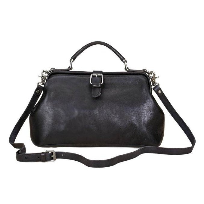 Black leather unisex shoulder bag for travel with adjustable strap and top handle