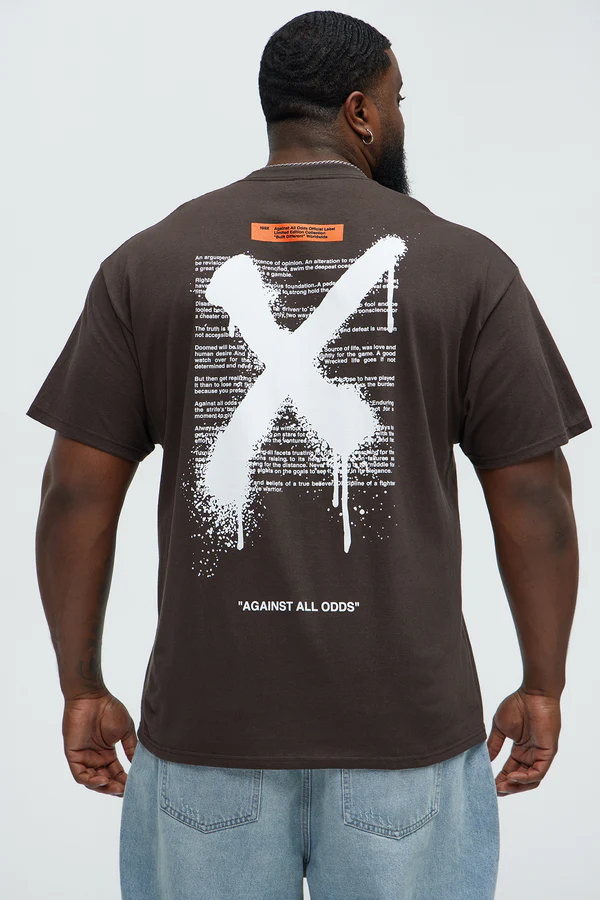 Brown graffiti t shirt men with large white spray paint X and text design on back by VacationGrabs