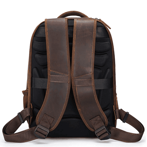 Back view of urban leather weekender backpack showcasing padded straps and spacious design