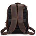 Back view of urban leather weekender backpack showcasing padded straps and spacious design
