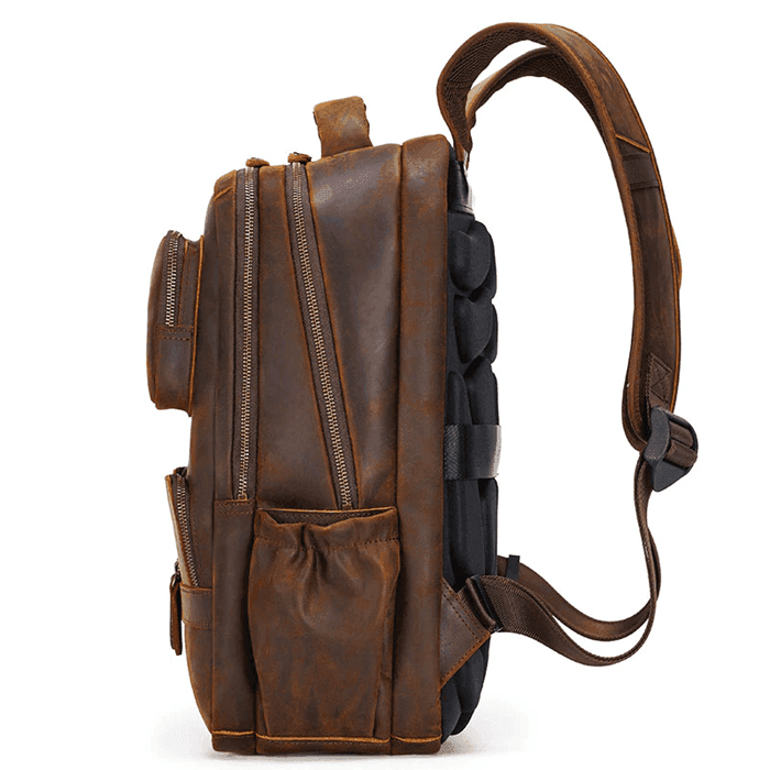 Urban leather weekender backpack in brown with multiple pockets and padded straps for comfort