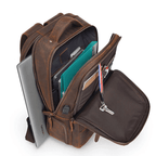 Urban leather weekender backpack with multiple compartments for organization and tech storage
