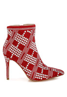 Stylish urban studded ankle boots for women in red with a unique pattern and high heels