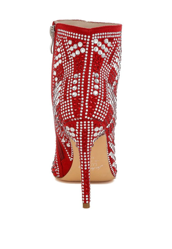 Rag Company urban studded ankle boots for women in red with striking rhinestone details and a sleek stiletto heel