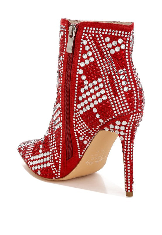 Stylish urban studded ankle boots for women in red with decorative rhinestones and a sleek heel