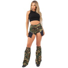 Female model wearing GJG Denim camo short and leg warmer set with cargo pockets and black crop top
