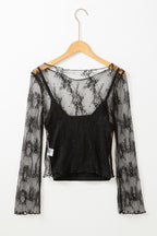 YNIQUE black lace mesh long sleeve blouse sheer floral pattern with camisole on wooden hanger