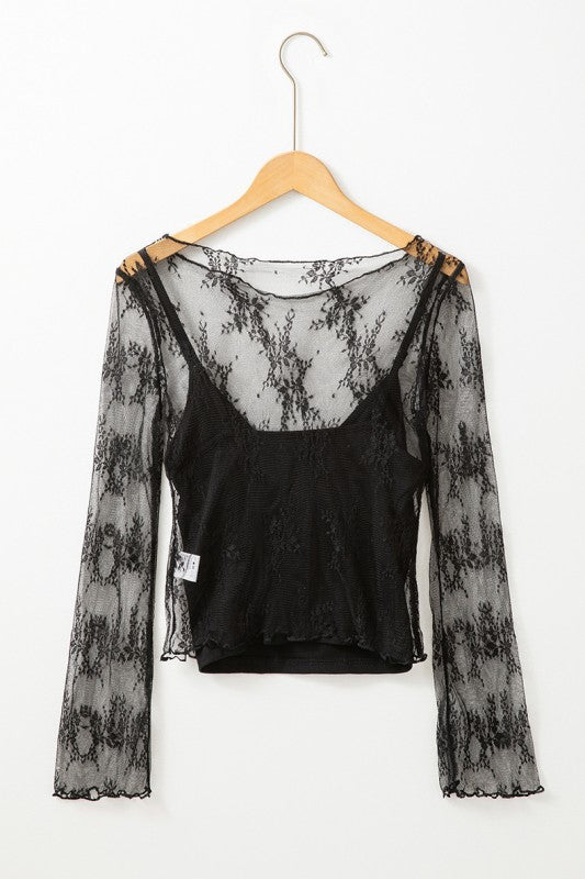 YNIQUE black lace mesh long sleeve blouse sheer floral pattern with camisole on wooden hanger